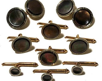 Larter Art Deco 10k Gold and Abalone with Platinum Rims Tuxedo Stud Set with Matching Cufflinks & Vest Studs in Gift Box