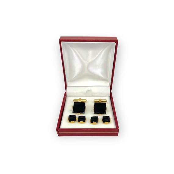 Onyx and Gold Cufflinks with Matching Stud Set Co… - image 1