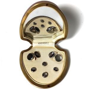 Krementz Art Deco Gold and Abalone with Platinum Inlay Rims Tuxedo Stud Set with Matching Cufflinks in Original Box