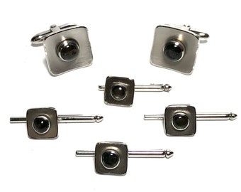 Art Deco 14k White Gold and Black Sapphire Stud Set with Matching Cufflinks, Weight: approx. 15.88 dwt (24.7 g)