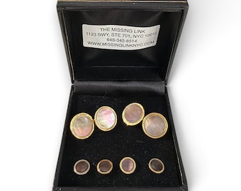 Krementz Art Deco 1930s Gold Plate & Abalone Smoke Mother of Pearl 4 Tuxedo Shirt Studs with Matching Double-sided Cufflinks in Original Box