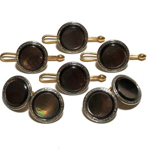 Krementz Art Deco Abalone with Platinum Inlay Rims and Gold Tuxedo Stud Set with Matching Cufflinks in Gift Box