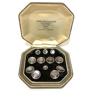 Art Deco Krementz Gold and Abalone with Platinum Inlay Rims Tuxedo Stud Set with Matching Cufflinks & Vest Studs in Original Box