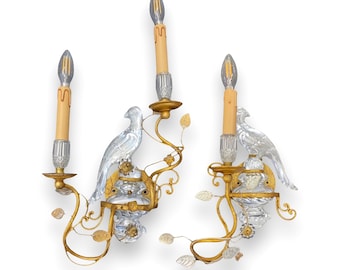 Art Deco 1930s-40s Pair of Maison Bagues French Crystal Parrot and Urn Wall Sconces - Gilt Metal Lighting