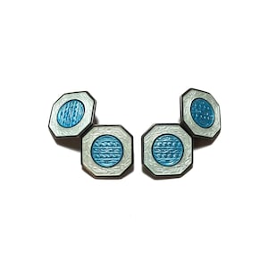 Antique Art Deco Sterling Silver with Baby Blue and White Enamel Guilloche Cufflinks with Gift Box, Men&#39;s Accessories, Weddings, Fathers Day
