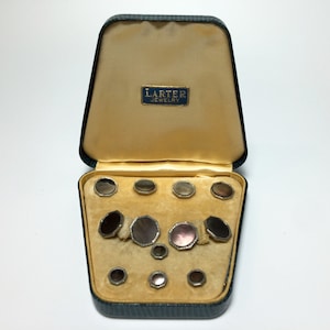 Art Deco Larter Gold and Abalone with Platinum Inlay Rims Complete Tuxedo Stud Set with Matching Cufflinks in Original Box Circa 1930s