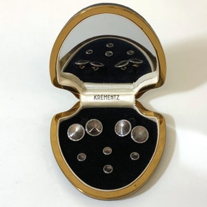 Krementz Art Deco Gold and Abalone with Platinum Inlay Rims Tuxedo Stud Set with Matching Cufflinks in Original Box 1930s