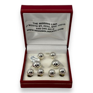 Vintage 1990&#39;s Sterling Silver 4 Tuxedo Shirt Stud with Matching Double-sided Cufflinks Dress Set in Original Presentation Box