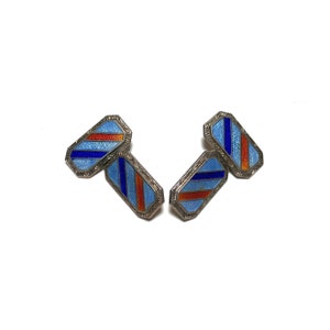 Antique Art Deco English Sterling Silver with Blue and Red Guilloche Enamel Double Sided Cufflinks with Gift Box, Men&#39;s Accessories, Wedding