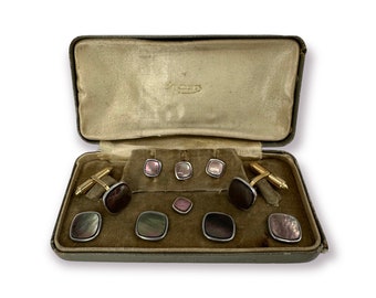 Krementz Art Deco Gold Filled & Abalone 4 Tuxedo Shirt Studs 4 Vest Studs with Matching Double Sided Cufflinks in Original Box 1930s