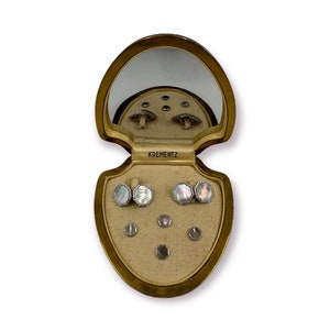 Krementz Art Deco 1930&#39;S Gold Filled and Abalone 4 Tuxedo Shirt Studs with Matching Double Sided Cufflinks in Original Box Wedding Gifts