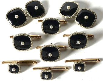 Vintage Art Deco 14k White Gold and Onyx with Pearl and Platinum Inlay Rims Stud Set with Matching Cufflinks & Vest Studs in Gift Box