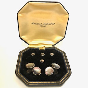 Art Deco Krementz goud en abalone met platina ingelegde velgen Tuxedo Stud Set met bijpassende manchetknopen in originele doos