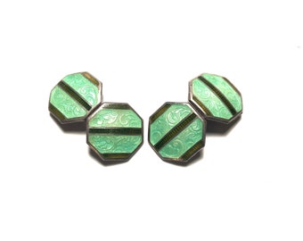 Antique Art Deco Sterling Silver Double Sided Cufflinks with Multi Green Guilloche Enamel with Gift Box, Men's Accessories, Wedding, Fathers