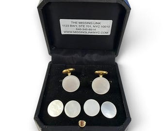 1930's Art Deco Gold-plate & Mother of Pearl Rimless 4 Tuxedo Stud Set with Matching Cufflinks in Presentation Box