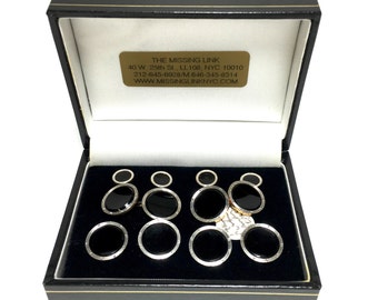 14K Gold Platinum Rims and onyx Tuxedo Stud Set with Double Sided Cufflinks & Vest Studs in Box. Circa1920s. Groomsmen Gifts, Wedding Gifts