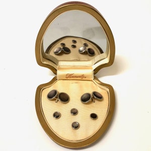 Krementz Art Deco Gold and Abalone with Platinum Inlay Rims Tuxedo Stud Set with Matching Cufflinks in Original Box 1930s