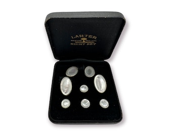 Larter Art Deco Chrome and Mother of Pearl 4 Tuxedo Shirt Studs with Matching Double Sided Cufflinks in Original Box 1930's