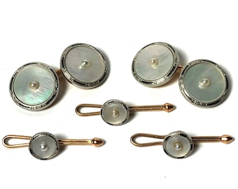 Krementz Art Deco 14k Gold and Pearl with Mother Of Pearl and Platinum Inlay RIms Stud Set with Matching Cufflinks in Gift Box