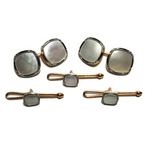 Krementz Art Deco 14k Gold with Black Enamel and Mother Of Pearl with Platinum Inlay RIms Stud Set with Matching Cufflinks in Gift Box