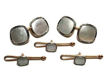 Krementz Art Deco 14k Gold with Black Enamel and Mother Of Pearl with Platinum Inlay RIms Stud Set with Matching Cufflinks in Gift Box