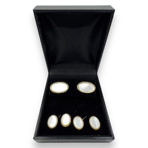 Gold Plated and Mother Of Pearl 4 Tuxedo Shirt Studs with Matching Double Sided Cufflinks in Original Presentation Box C.1960&#39;s
