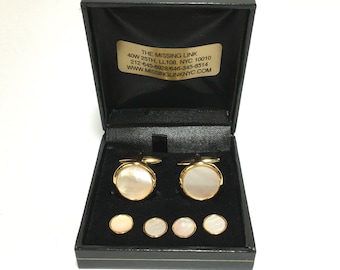 Gold Plate Mother of Pearl Tuxedo Studs and Cufflinks Set with Box