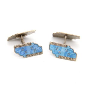Retro 1940s Norwegian Sterling Silver Blue Enamel Cufflinks Scandinavian Art Deco Wedding Men Gifts Fathers European Fashion Jewelry