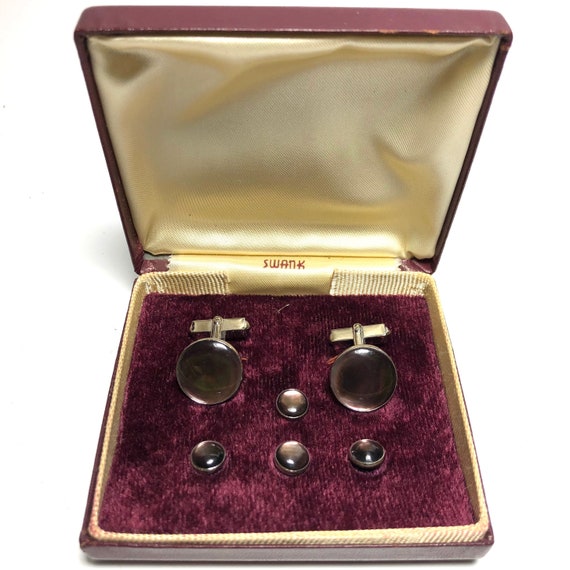 Swank Art Deco Chrome and Abalone Tuxedo Stud Set 