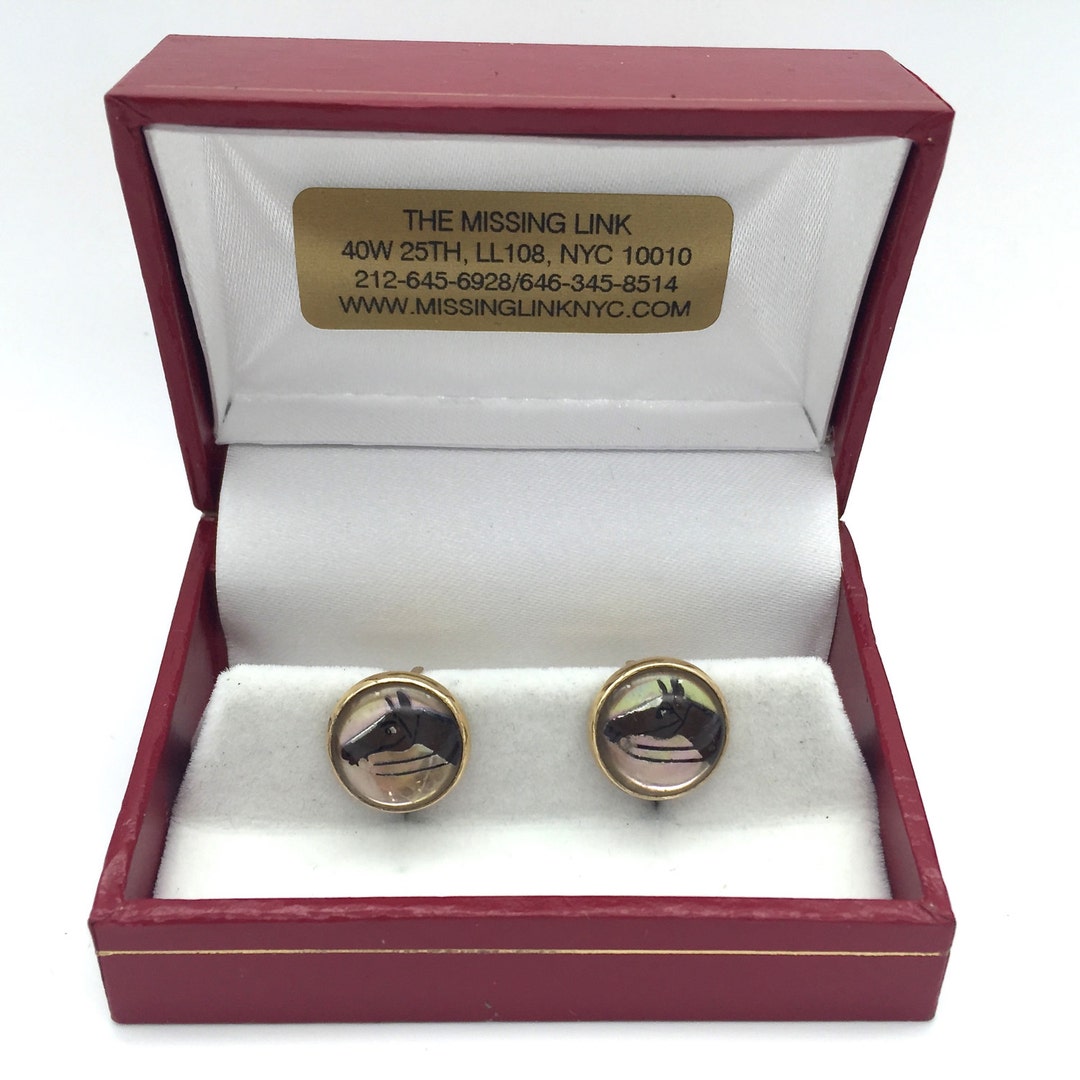 Boutons De Manchette Vintage 14 Carats - Motif Cheval équestre Et Cristal D'Essex - Réversible