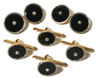 Larter Art Deco 14k Gold and Onyx with Pearl and Platinum Inlay Rims Stud Set with Matching Cufflinks in Gift Box