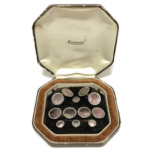 Art Deco Krementz Gold and Abalone with Platinum Inlay Rims Tuxedo Stud Set with Matching Cufflinks & Vest Studs in Original Box