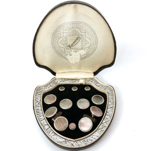 Krementz Art Deco Gold and Abalone with Platinum Inlay Rims Complete Tuxedo Stud Set with Matching Cufflinks in Original Box 1930s