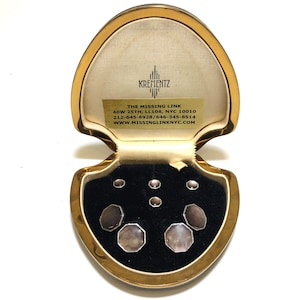 Krementz Art Deco Gold and Abalone with Platinum Inlay Rims Tuxedo Stud Set with Matching Cufflinks in Original Box 1930s