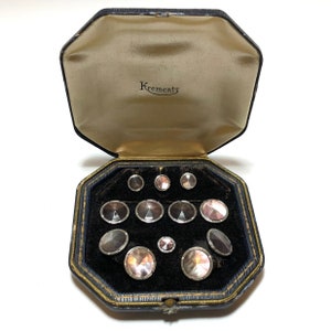 Art Deco Krementz Gold and Abalone with Platinum Inlay Rims Tuxedo Stud Set with Matching Cufflinks & Vest Studs in Original Box