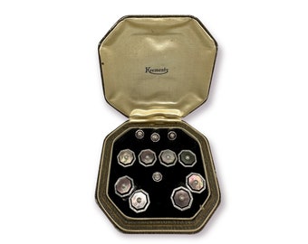 Krementz Art Deco Gold Filled and Abalone with Pearl 4 Tuxedo Shirt Studs 4 Vest Studs with Matching Cufflinks in Original Box