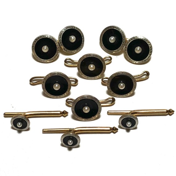 カフス 14k 14k Gold and Platinum With Onyx & Pearl 4 Tuxedo Shirt Studs