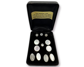 Art Deco 1930's Chrome and Mother of Pearl 4 Tuxedo Shirt Studs 4 Vest Studs with Matching Cufflinks in Original Box Groomsmen's Gifts