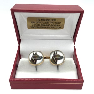 Vintage Reverse Carved Hand Painted Glass Dog Crystal Style 14K Gold Cufflinks with Box