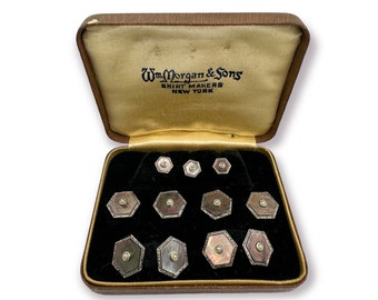 Art Deco Gold Filled and Abalone with Pearl 4 Tuxedo Shirt Studs 4 Vest Studs with Matching Double Sided Cufflinks in Original Box 9pcs