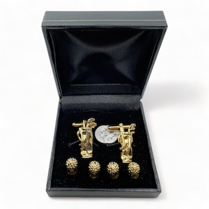 4 Golf Balls Gold Plate Tuxedo Shirt Studs with Golf Bags with Clubs Cufflinks In Original Presentation Groomsmen Formal Wedding Gifts
