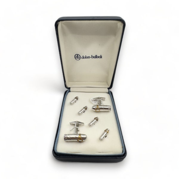 Dolan Bullock 1980's Sterling Silver Two-tone 4 Cigars Tuxedo Shirt Studs with Matching Cufflinks in Original Presentation Box