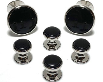 Chrome and Onyx 4 Tuxedo Shirt Stud Set with Matching Cufflinks in Gift Box