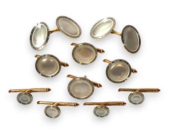 Larter Art Deco 14k Gold and Mother Of Pearl with Platinum Inlay Rims Tuxedo Stud Set with Matching Cufflinks & Stud Set in Gift Box