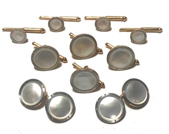 Larter 14k Gold and Mother Of Pearl with Platinum Rims Tuxedo Stud Set with Matching Cufflinks & Stud Set in Gift Box