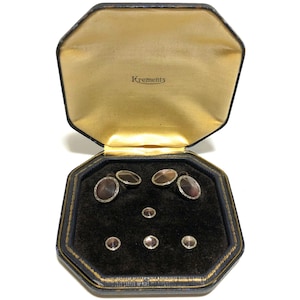 Art Deco Krementz goud en abalone met platina ingelegde velgen Tuxedo Stud Set met bijpassende manchetknopen in originele doos