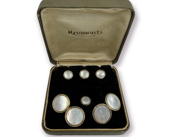 Krementz Art Deco 1930's Gold Plate & Mother of Pearl Cufflinks with 4 Tuxedo Shirt Studs with Matching Cufflinks Groomsmen's Wedding Gifts