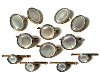 Larter Art Deco 14k Gold and Mother Of Pearl with Platinum Inlay Rims Tuxedo Stud Set with Matching Cufflinks & Vest Studs in Gift Box