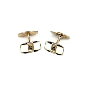 Retro 1940s Norwegian Gold Sterling Silver White Black Enamel Cufflinks Scandinavian Art Deco Wedding Men Gifts Fathers European Jewelry