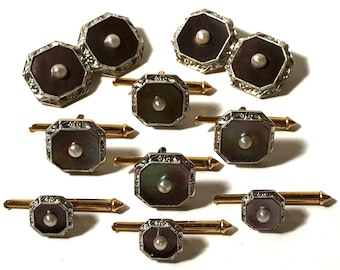 Larter Art Deco 14k Gold with Pearl and Abalone with Platinum Inlay Rims Stud Set with Matching Cufflinks & Vest Studs in Gift Box